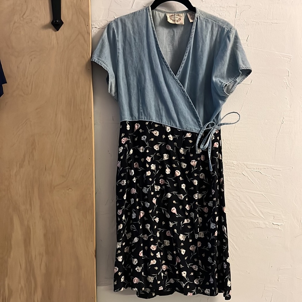 Vintage floral denim wrap dress. Spring summer